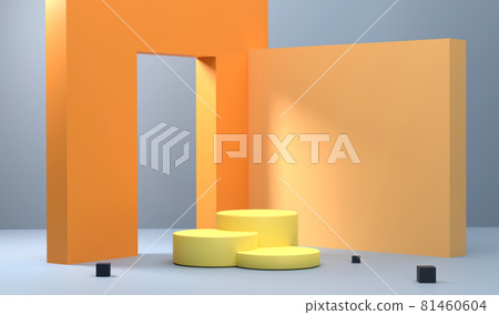 Wall scene with a hole through it And there is a podium in front that stands out with the shadows. scene stage mockup showcase for product, sale, banner, presentation, cosmetic, offer. 81460604