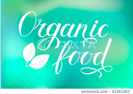 Organic food hand written phrase with leaves isolated on green blurred background. Calligraphy lettering sign. Healthy food concept. Vector logo design for fresh market, restaurant, farm, store, etc. Organic food hand written phrase with leaves isolated on green blurred background. Calligraphy lettering sign. Healthy food concept. Vector logo design for fresh market, restaurant, farm, store, etc. 81461863