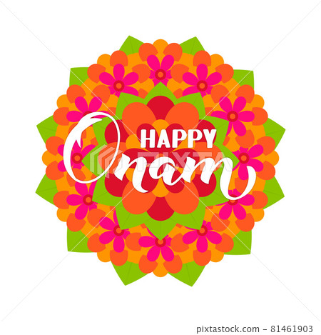 Happy Onam calligraphy hand lettering on colorful flower rangoli. South Indian Kerala traditional festival. Vector template for banner, typography poster, greeting card, flyer, etc Happy Onam calligraphy hand lettering on colorful flower rangoli. South Indian Kerala traditional festival. Vector template for banner, typography poster, greeting card, flyer, etc 81461903