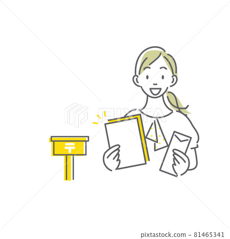 一個通過郵件接收材料的女人簡單而時尚的線條畫插圖 81465341