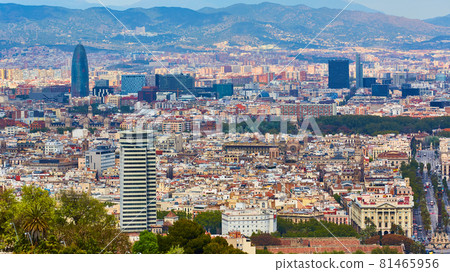 Top view of Barcelona from Montjuic hill in cloudy day. Catalonia. 81465956