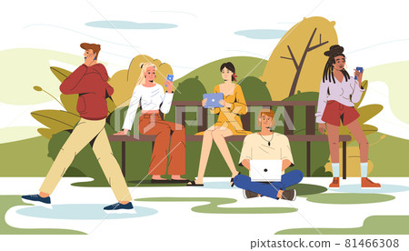 Flat people sitting on bench in city park and using gadgets Flat people sitting on bench in city park and using gadgets 81466308