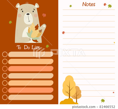 Collection - Autumn planner with cute bear with autumn leaves and trees. A set of vertical templates - To-do list and notes. Vector illustration. Note paper, organizer, time management, planner 81466552