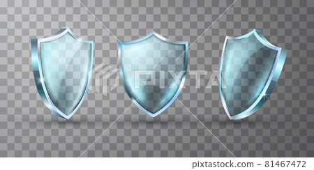 Realistic glass shield vector illustrations. Empty blank transparent blue acrylic glass panel with 81467472