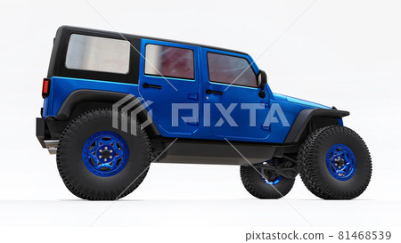 Powerful blue tuned SUV for expeditions in mountains, swamps, desert and any rough terrain on white. Big wheels, lift suspension for steep obstacles. 3D illustration on white background. 3d rendering. Powerful blue tuned SUV for expeditions in mountains, swamps, desert and any rough terrain on white. Big wheels, lift suspension for steep obstacles. 3D illustration on white background. 3d rendering. 81468539