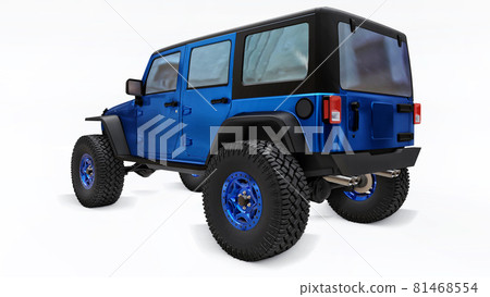 Powerful blue tuned SUV for expeditions in mountains, swamps, desert and any rough terrain on white. Big wheels, lift suspension for steep obstacles. 3D illustration on white background. 3d rendering. Powerful blue tuned SUV for expeditions in mountains, swamps, desert and any rough terrain on white. Big wheels, lift suspension for steep obstacles. 3D illustration on white background. 3d rendering. 81468554