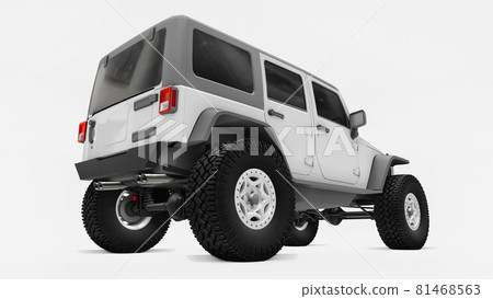 Powerful white tuned SUV for expeditions in mountains, swamps, desert and any rough terrain on white. Big wheels, lift suspension for steep obstacles. 3D illustration on white background. 3d 81468563