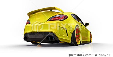 Yellow small sports car coupe. Advanced racing tuning with special parts and wheel extensions. 3d rendering. Yellow small sports car coupe. Advanced racing tuning with special parts and wheel extensions. 3d rendering. 81468767