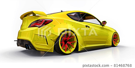 Yellow small sports car coupe. Advanced racing tuning with special parts and wheel extensions. 3d rendering. Yellow small sports car coupe. Advanced racing tuning with special parts and wheel extensions. 3d rendering. 81468768
