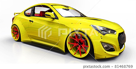 Yellow small sports car coupe. Advanced racing tuning with special parts and wheel extensions. 3d rendering. Yellow small sports car coupe. Advanced racing tuning with special parts and wheel extensions. 3d rendering. 81468769