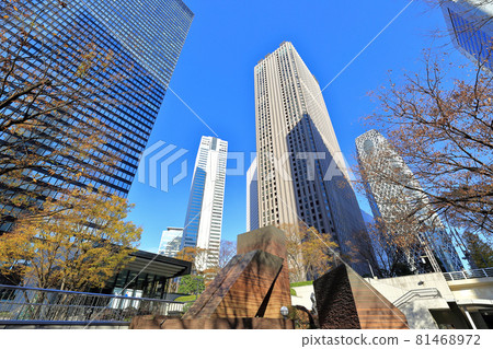 Cityscape of Nishi-Shinjuku, Tokyo Skyscrapers and autumn leaves 81468972