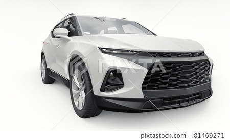 A white ultra-modern SUV with a catchy expressive design for young people and families on a white isolated background. Bright glowing headlights. 3d illustration. A white ultra-modern SUV with a catchy expressive design for young people and families on a white isolated background. Bright glowing headlights. 3d illustration. 81469271