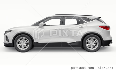 A white ultra-modern SUV with a catchy expressive design for young people and families on a white isolated background. Bright glowing headlights. 3d illustration. 81469273