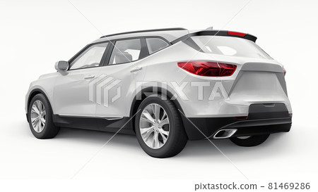 A white ultra-modern SUV with a catchy expressive design for young people and families on a white isolated background. Bright glowing headlights. 3d illustration. 81469286