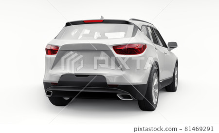 A white ultra-modern SUV with a catchy expressive design for young people and families on a white isolated background. Bright glowing headlights. 3d illustration. 81469291