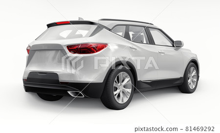 A white ultra-modern SUV with a catchy expressive design for young people and families on a white isolated background. Bright glowing headlights. 3d illustration. 81469292