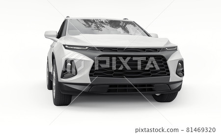 A white ultra-modern SUV with a catchy expressive design for young people and families on a white isolated background. Bright glowing headlights. 3d illustration. A white ultra-modern SUV with a catchy expressive design for young people and families on a white isolated background. Bright glowing headlights. 3d illustration. 81469320