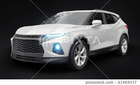 Ultra-modern SUV with a catchy expressive design for young people and families on a black isolated background. Bright glowing headlights. 3d illustration. 81469337