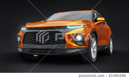 Ultra-modern SUV with a catchy expressive design for young people and families on a black isolated background. Bright glowing headlights. 3d illustration. Ultra-modern SUV with a catchy expressive design for young people and families on a black isolated background. Bright glowing headlights. 3d illustration. 81469396