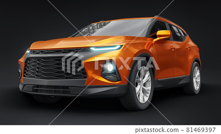 Ultra-modern SUV with a catchy expressive design for young people and families on a black isolated background. Bright glowing headlights. 3d illustration. Ultra-modern SUV with a catchy expressive design for young people and families on a black isolated background. Bright glowing headlights. 3d illustration. 81469397