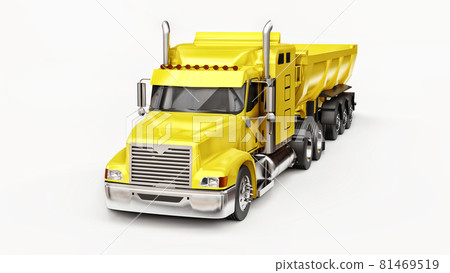 Large yellow American truck with a trailer type dump truck for transporting bulk cargo on a white background. 3d illustration. 81469519