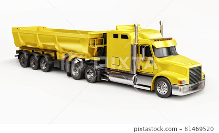 Large yellow American truck with a trailer type dump truck for transporting bulk cargo on a white background. 3d illustration. 81469520