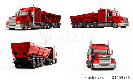 Large American truck with a trailer type dump truck for transporting bulk cargo on a white background. 3d illustration. Large American truck with a trailer type dump truck for transporting bulk cargo on a white background. 3d illustration. 81469528