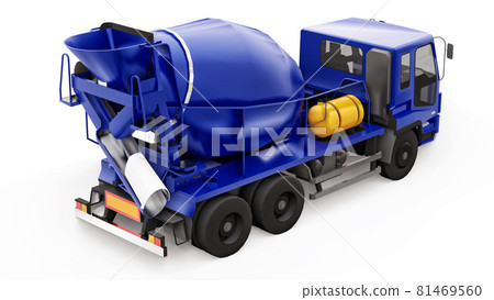 Blue concrete mixer truck white background. Three-dimensional illustration of construction equipment. 3d rendering. Blue concrete mixer truck white background. Three-dimensional illustration of construction equipment. 3d rendering. 81469560