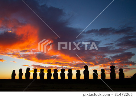 Dramatic colorful sunrise over Moai stone sculptures at Ahu Tongariki, Easter island, Chile. Dramatic colorful sunrise over Moai stone sculptures at Ahu Tongariki, Easter island, Chile. 81472265