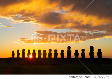 Dramatic colorful sunrise over Moai stone sculptures at Ahu Tongariki, Easter island, Chile. Dramatic colorful sunrise over Moai stone sculptures at Ahu Tongariki, Easter island, Chile. 81472266