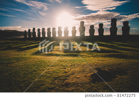 Sunrise over Moai stone sculptures at Ahu Tongariki, Easter island, Chile. Sunrise over Moai stone sculptures at Ahu Tongariki, Easter island, Chile. 81472275