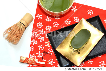 Matcha bowl with matcha on red fukusa and matcha water yokan Matcha bowl with matcha on red fukusa and matcha water yokan 81472599