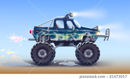 A sports off road pickup truck with large wheels, headlights, a strong bumper, shock absorbers drives . Big green car jeep 4x4 drawing. High detailed vector illustration. A sports off road pickup truck with large wheels, headlights, a strong bumper, shock absorbers drives . Big green car jeep 4x4 drawing. High detailed vector illustration. 81473057
