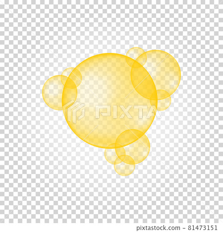 Golden glossy bubbles. Collagen droplets, keratin, Q10, argan, jojoba cosmetic oil, vitamin A or E, omega fatty acid balls on transparent background. Vector realistic illustration Golden glossy bubbles. Collagen droplets, keratin, Q10, argan, jojoba cosmetic oil, vitamin A or E, omega fatty acid balls on transparent background. Vector realistic illustration 81473151