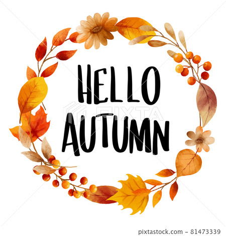Hello autumn with ornate of leaves flower frame. Autumn october hand drawn lettering template design. 81473339