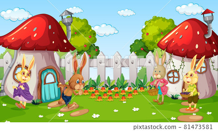 Garden scene with many rabbits cartoon character 81473581