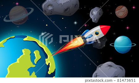 Spaceship in space scene with planets and asteroids Spaceship in space scene with planets and asteroids 81473651