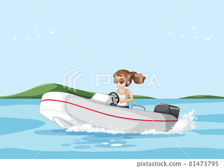 A woman driving speedboat in the river scene A woman driving speedboat in the river scene 81473795