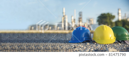 Banner Construction hard hat safety tools equipment for workers in construction site for engineering protection head standard. Panorama Many hard hat helmet on row copy space. Engineer Construction 81475790