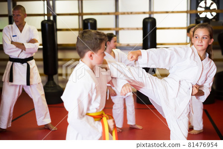 Kids on karate training in gym Kids on karate training in gym 81476954