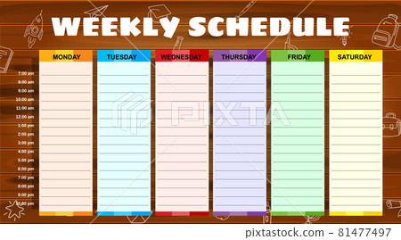 School Schedule weekly, hand drawn sketch icons of school supplies, pencils on woodboard. Vector template schedule, cartoon style 81477497