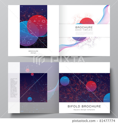 Vector layout of two covers templates for square bifold brochure, flyer, magazine, cover design, book design. Artificial intelligence, big data visualization. Quantum computer technology concept. Vector layout of two covers templates for square bifold brochure, flyer, magazine, cover design, book design. Artificial intelligence, big data visualization. Quantum computer technology concept. 81477774
