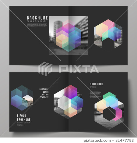 Vector layout of two covers templates with colorful hexagons, geometric shapes, tech background for square design bifold brochure, flyer, magazine, cover design, book design, brochure cover. 81477798