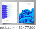 Vector layout of A4 cover mockups templates for brochure, flyer layout, booklet, cover design, book design. 3d render vector composition with dynamic realistic geometric blue shapes in motion. 81477800