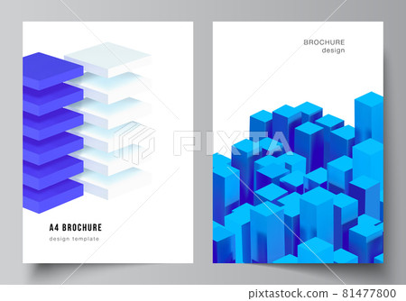 Vector layout of A4 cover mockups templates for brochure, flyer layout, booklet, cover design, book design. 3d render vector composition with dynamic realistic geometric blue shapes in motion. 81477800