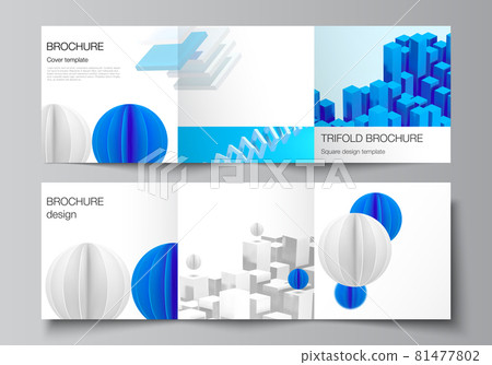 Vector layout of square covers design templates for trifold brochure, flyer, magazine, cover design, book design. 3d render vector composition with dynamic realistic geometric blue shapes in motion. 81477802