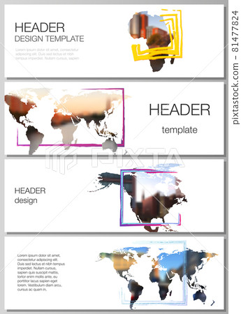 Vector layout of headers, banner templates for website footer design, horizontal flyer design, website header. Design template in the form of world maps and colored frames, insert your photo. 81477824