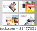 The minimalistic abstract vector illustration of the editable layout of the presentation slides design business templates. Creative trendy style mockups, blue color trendy design backgrounds. 81477831
