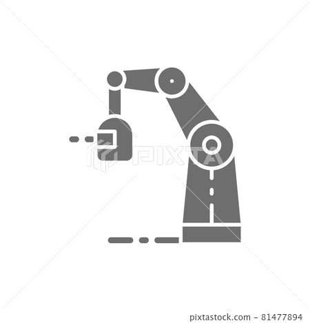 Wireless robotic welding machine, robotic arm with spark torch grey icon. Wireless robotic welding machine, robotic arm with spark torch grey icon. 81477894