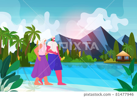 senior man woman walking on tropical beach aged couple having summer vacation active old age concept 81477946